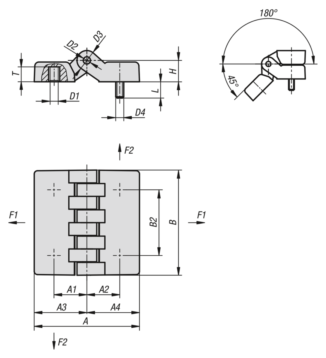 Charnière en plastique avec insert et vis de fixation