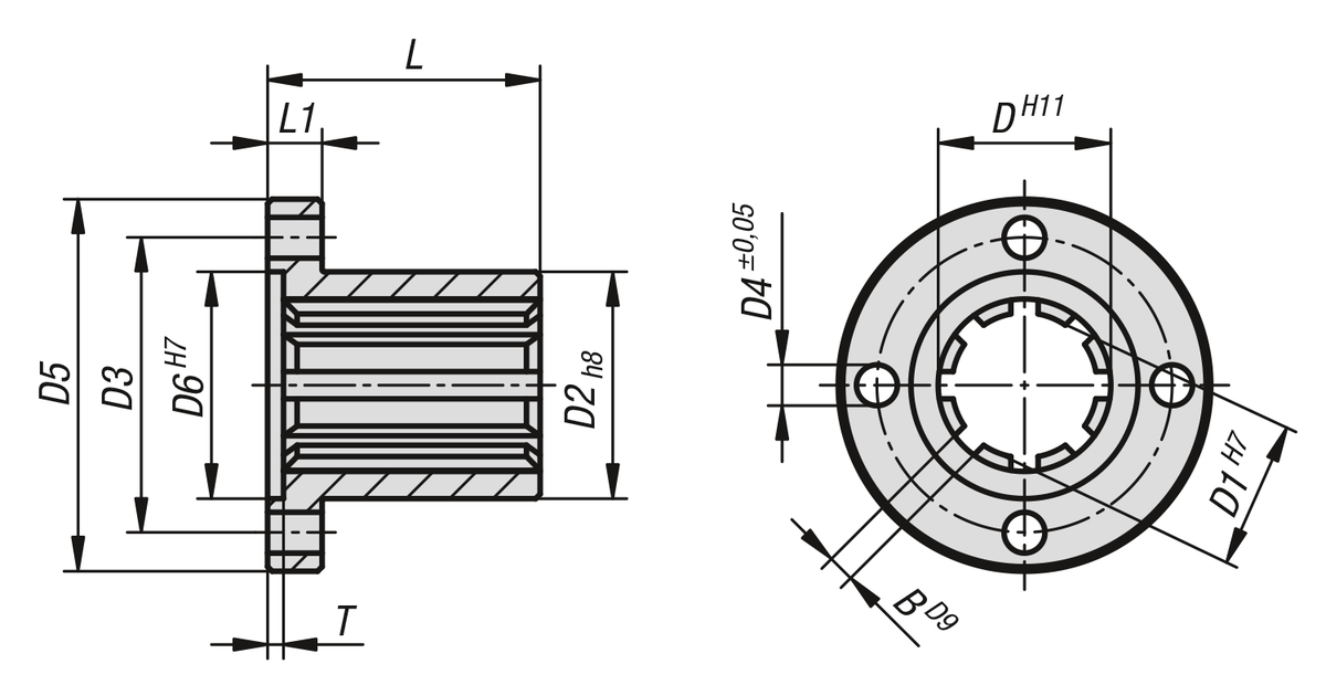 Mozzi scanalati con flangia simili a DIN ISO 14