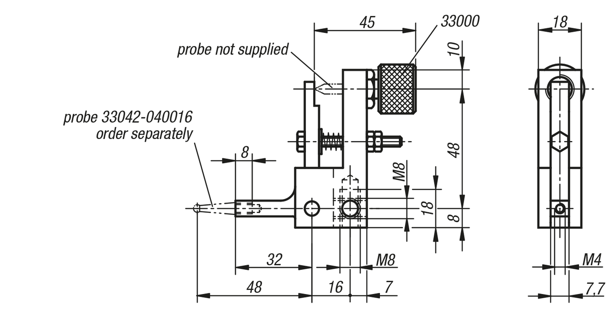 Deflection dial gauge holders 90° probe lever with thread