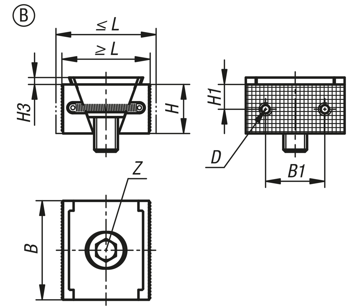 Mors de serrage, forme B, surfaces d'appui striées