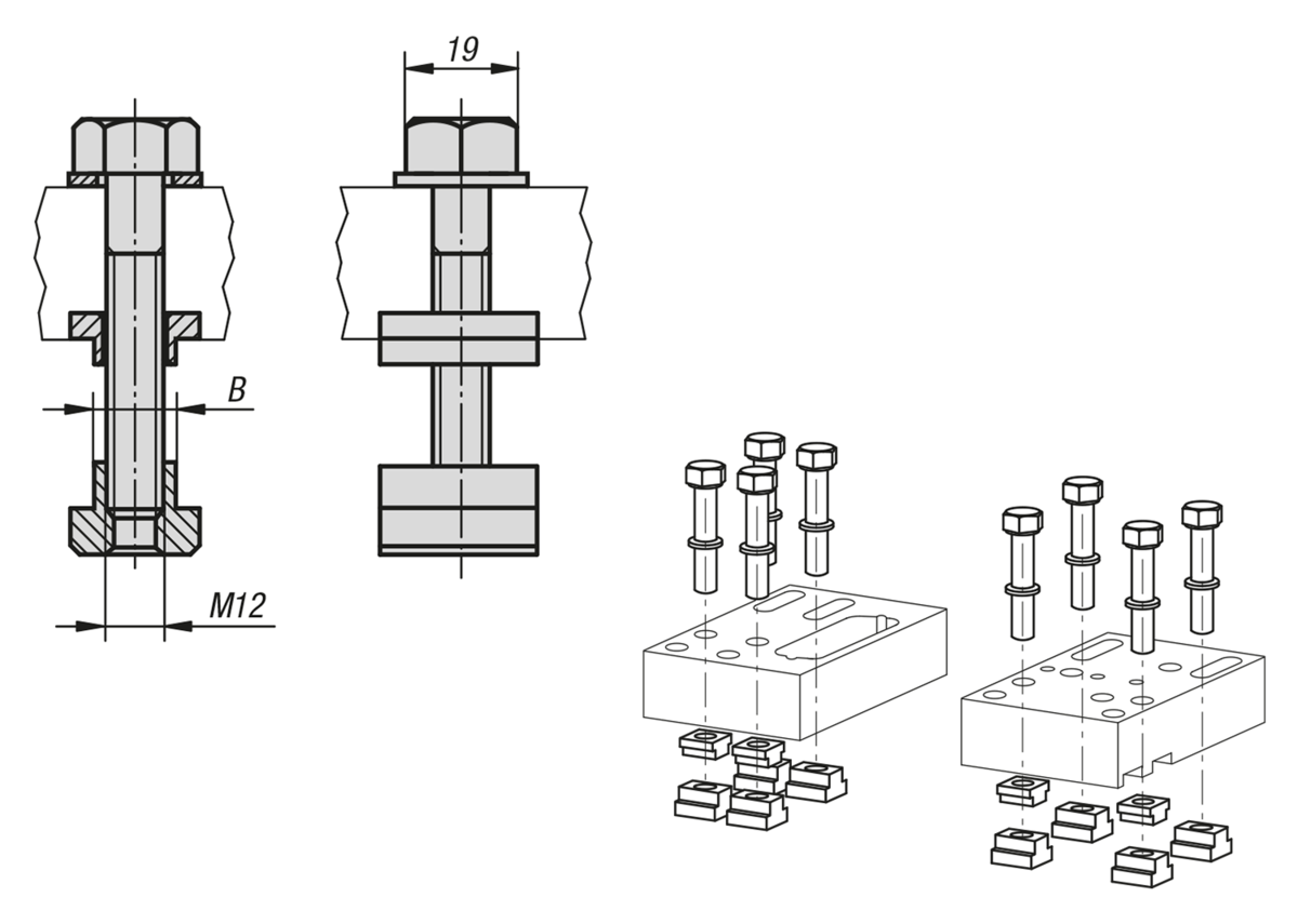 Fastening set for T-slots