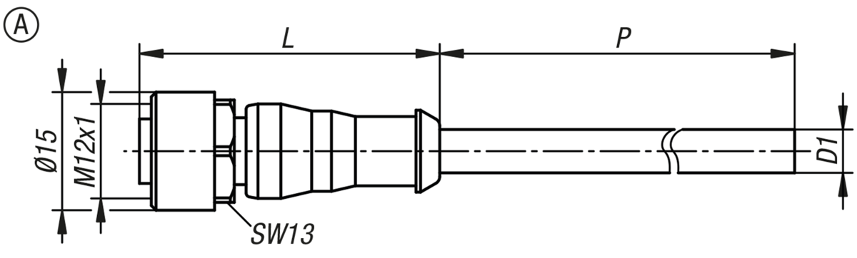 Connecteur à douille M12x1 avec verrouillage à vis, forme A, douille droite
