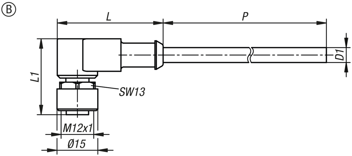 Connecteur à douille M12x1 avec verrouillage à vis, forme B, douille coudée