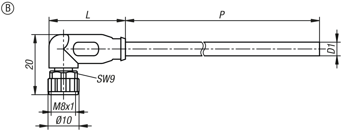 Connecteur M8x1 à douille avec verrouillage à vis non blindé, forme B, douille coudée