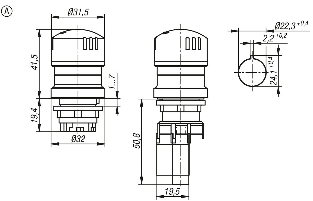 Bouton d'arrêt d'urgence version à encastrer Ø 22,3 mm
avec blocs de contact, forme A
