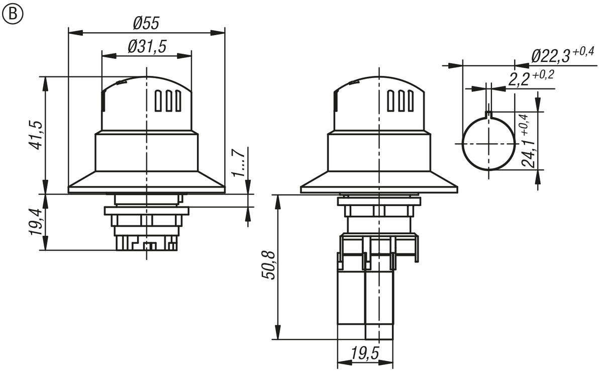 Bouton d'arrêt d'urgence version à encastrer Ø 22,3 mm
avec blocs de contact, forme B