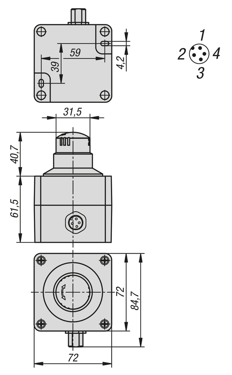 Bouton d'arrêt d'urgence dans boîtier Ø 22,3 mm avec blocs de contact, raccord M12