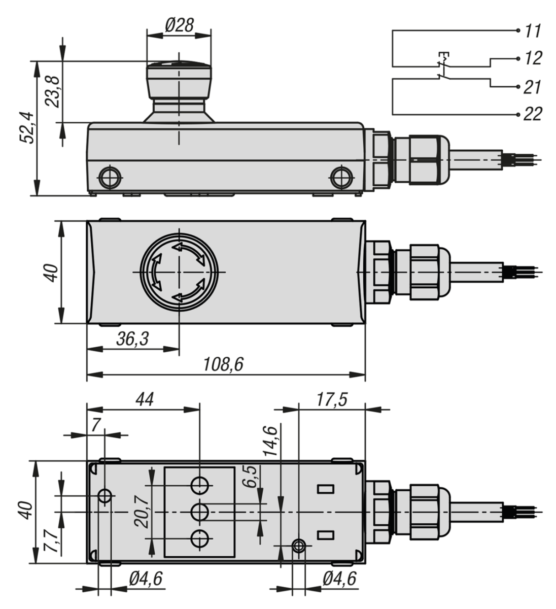 Bouton d'arrêt d'urgence dans boîtier « Minibox » Ø 22,3 mm entrée de câble M16