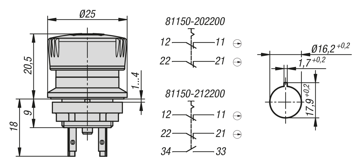 Bouton d'arrêt d'urgence version à encastrer Ø 16,2 mm raccordement par connecteur plat