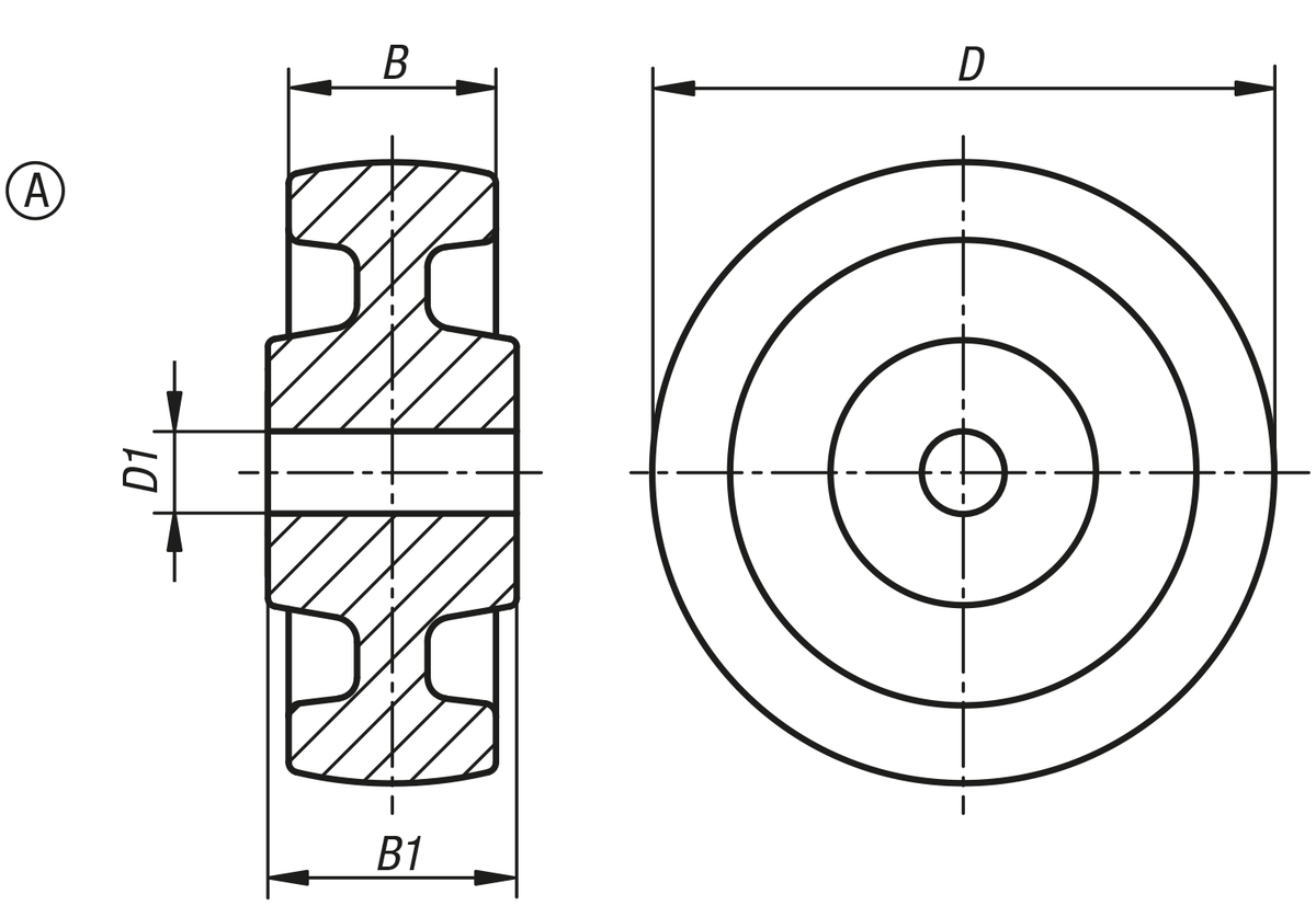 Roue polyamide, modèle lourd avec palier lisse, forme A