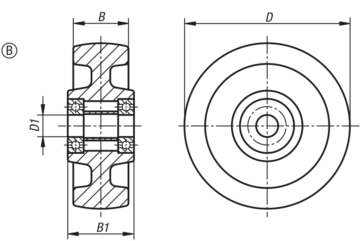 Roue polyamide, modèle lourd avec roulement à bille, forme B