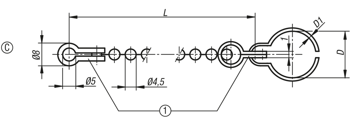 Chaînette, forme C, avec anneaux