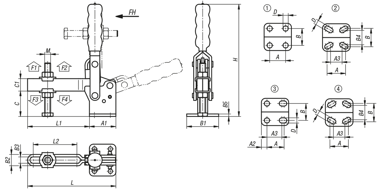 Sauterelle à levier vertical avec embase horizontale et broche de pression réglable