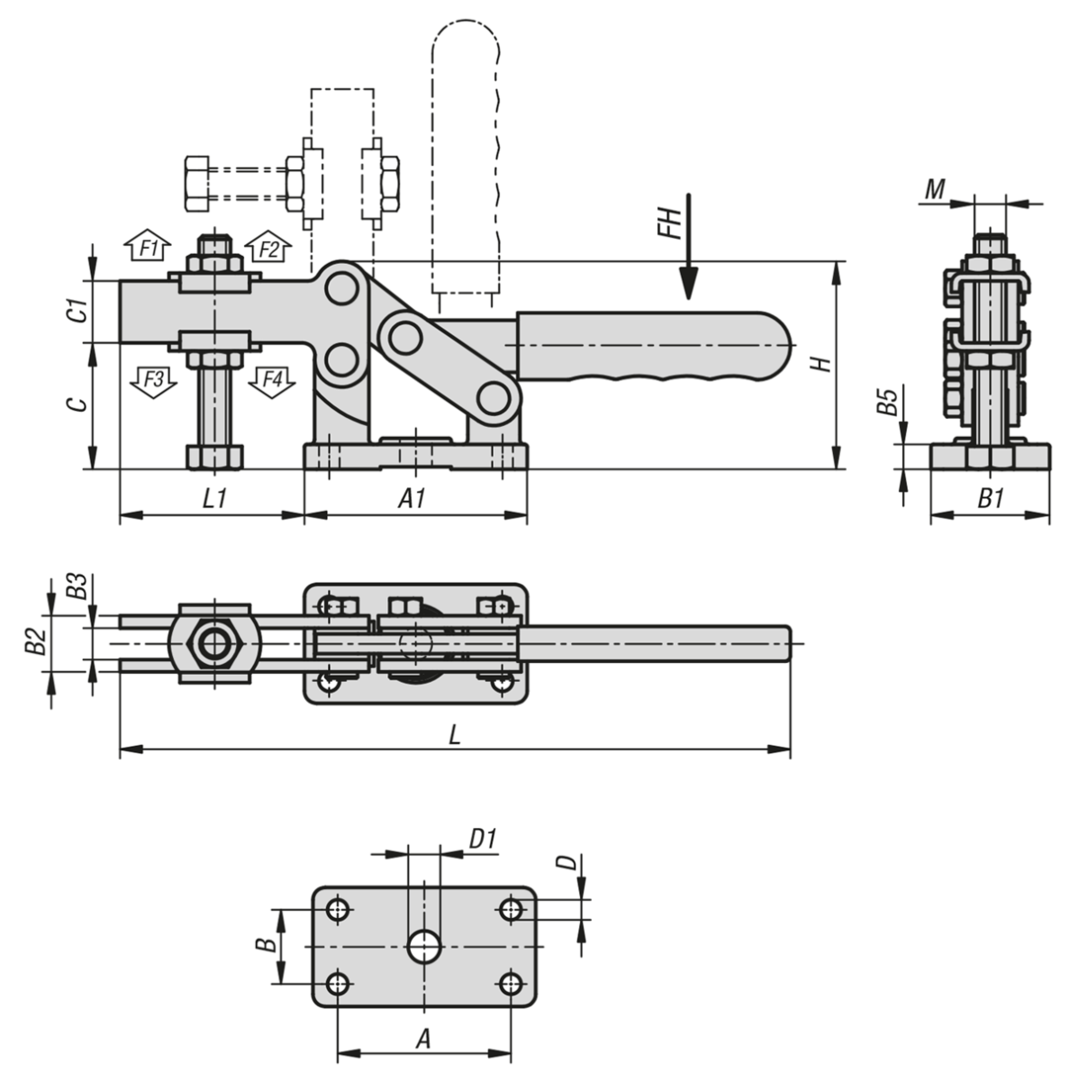 Toggle clamps horizontal heavy duty with adjustable clamping spindle