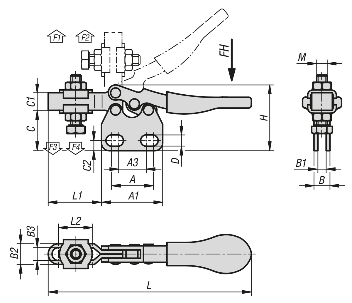 Toggle clamp mini, horizontal with straight foot and adjustable clamping spindle
