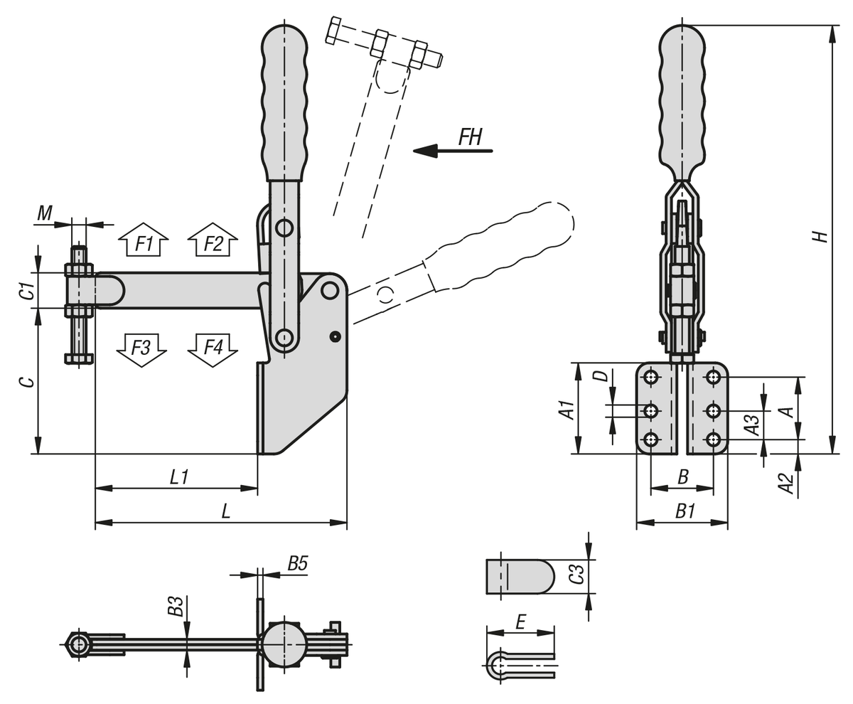 norelem Toggle clamps vertical with angled foot and full holding arm